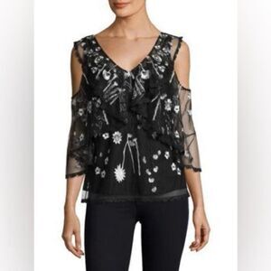 Kobi Halperin Black Floral Embroidered Mesh Cold Shoulder Blouse Women’s Medium